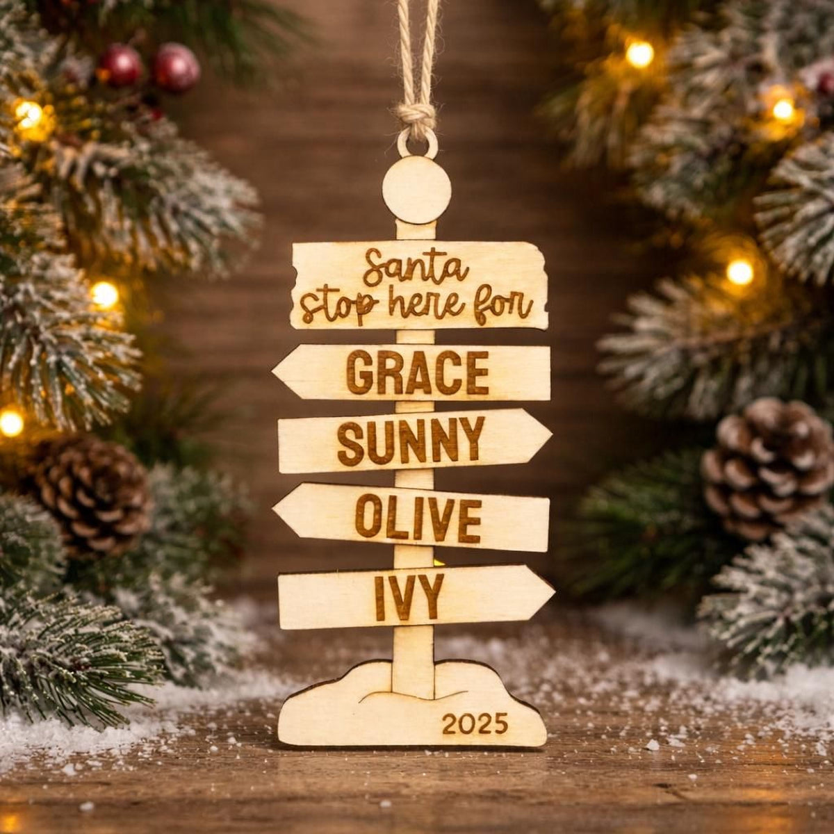 Personalized Family Ornament – Rustic Wooden Christmas Signpost Decor with Custom Engraving