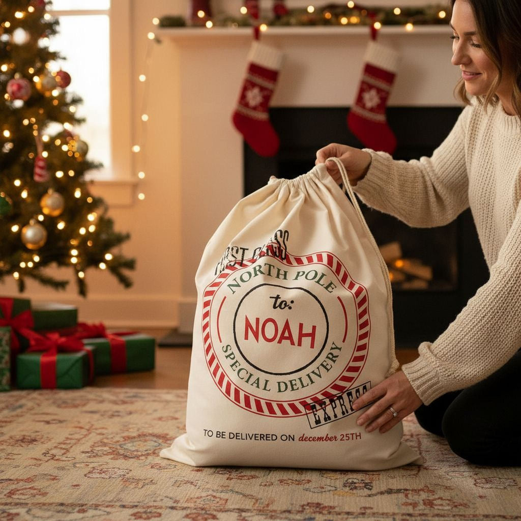 Personalized Santa Sack - Custom Canvas Christmas Gift Bag With Drawstring